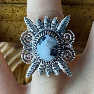 White Buffalo Turquoise Sterling Silver Feather Ring Size 7